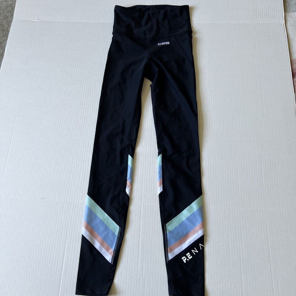 PE Nation XS/TP Yoga Leggings Womens Black  Running High Rise Blue Pink Stripes